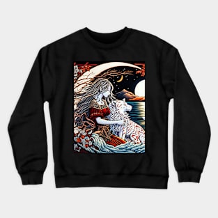 Nighttime by the Lake with a Feline Friend Crewneck Sweatshirt